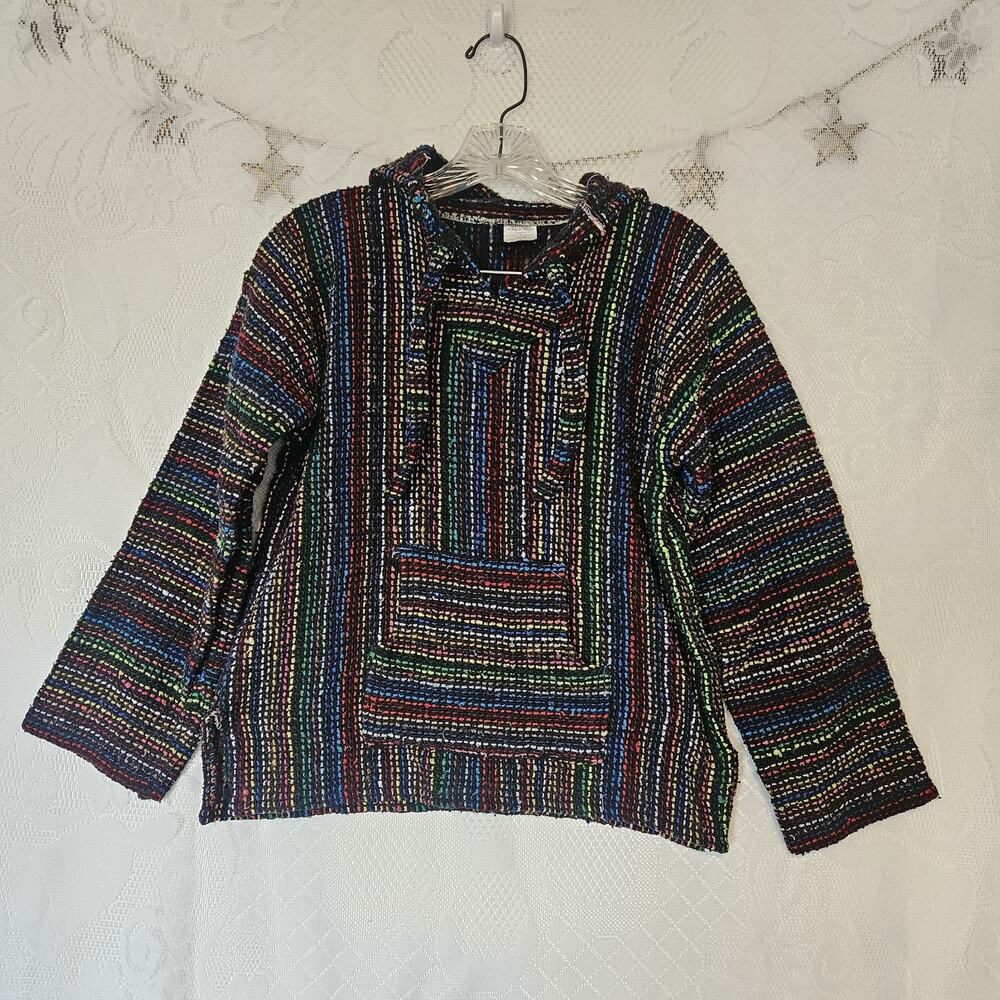 Acrylic Small Baja Rainbow Stripe Pullover Tunic Kangaroo Pocket Hippie Grunge